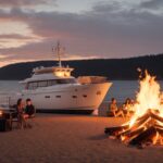 Strand mit Lagerfeuer und Speedboat