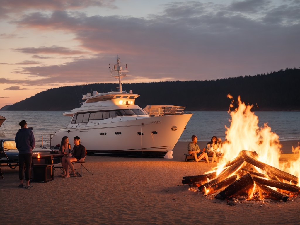 Strand mit Lagerfeuer und Speedboat