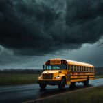 Schoolbus in a stormy landsape